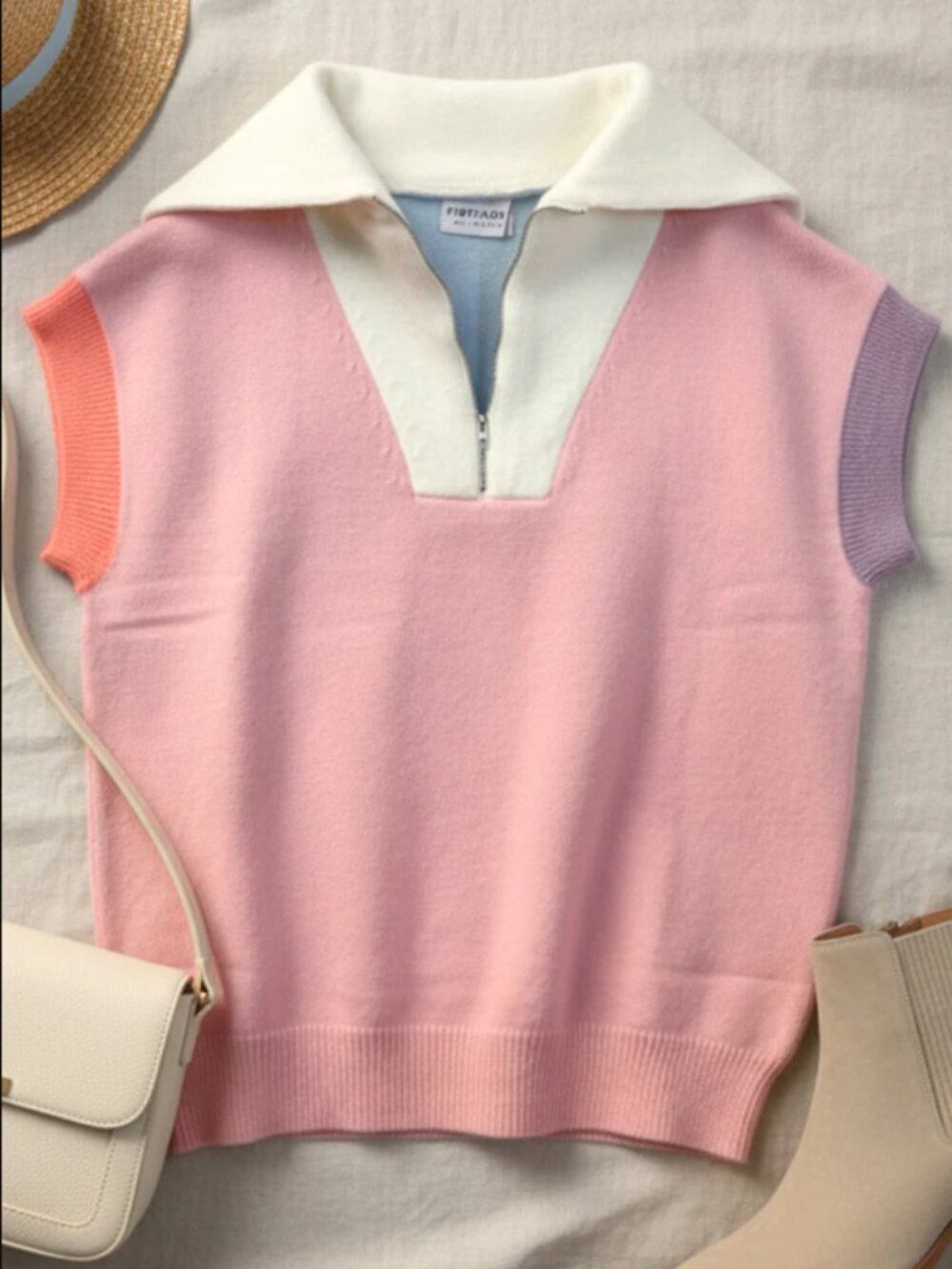 First Love by Lovlyn Pink Multicolor Short Sleeve Quarter Zip Collared Sweater